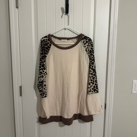 Chic Soul Cream and Brown Leopard Sleeve Top - Picture 1 of 7